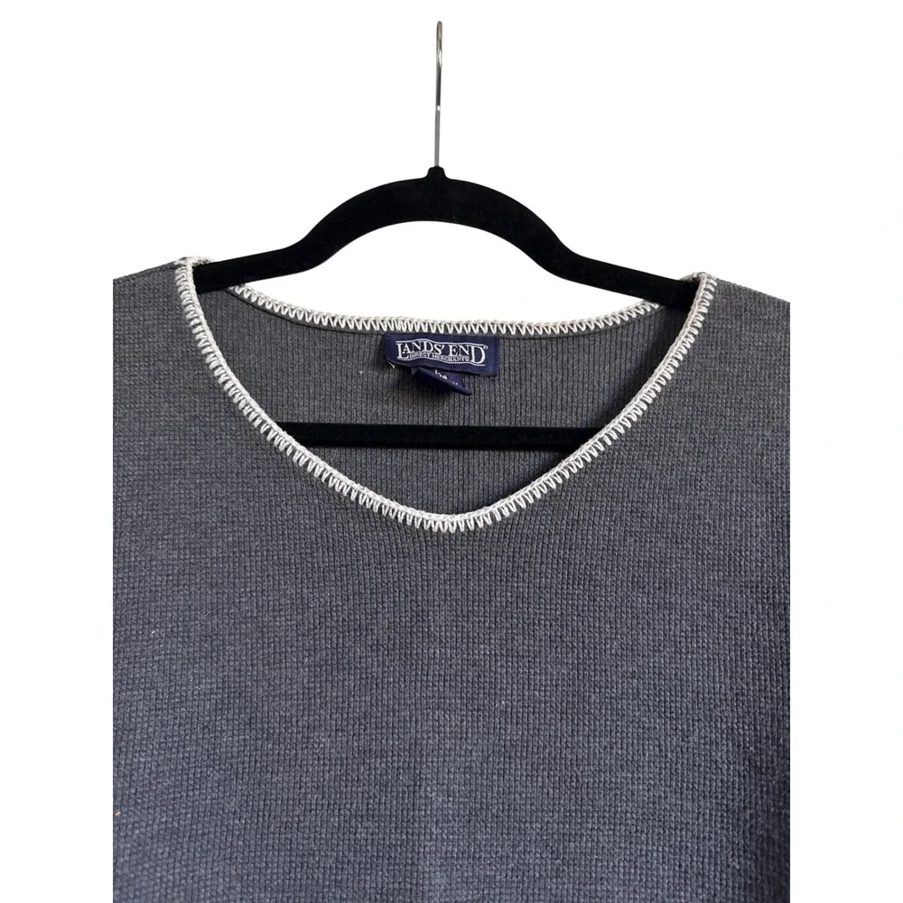 Lands End Womens Gray V Neck Long Sleeve Knit Sweater Top Size L‎ 14-16 Cotton
